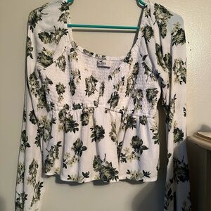 Hollister Floral Smocked Blouse - White and Green